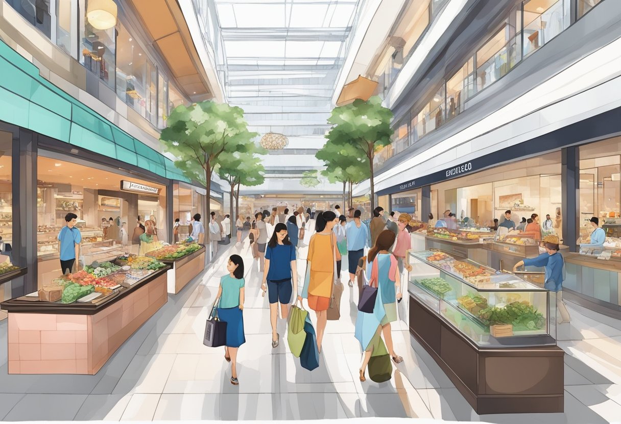 Shoppers browse luxury boutiques, while diners enjoy diverse cuisine at bustling Singapore shopping center