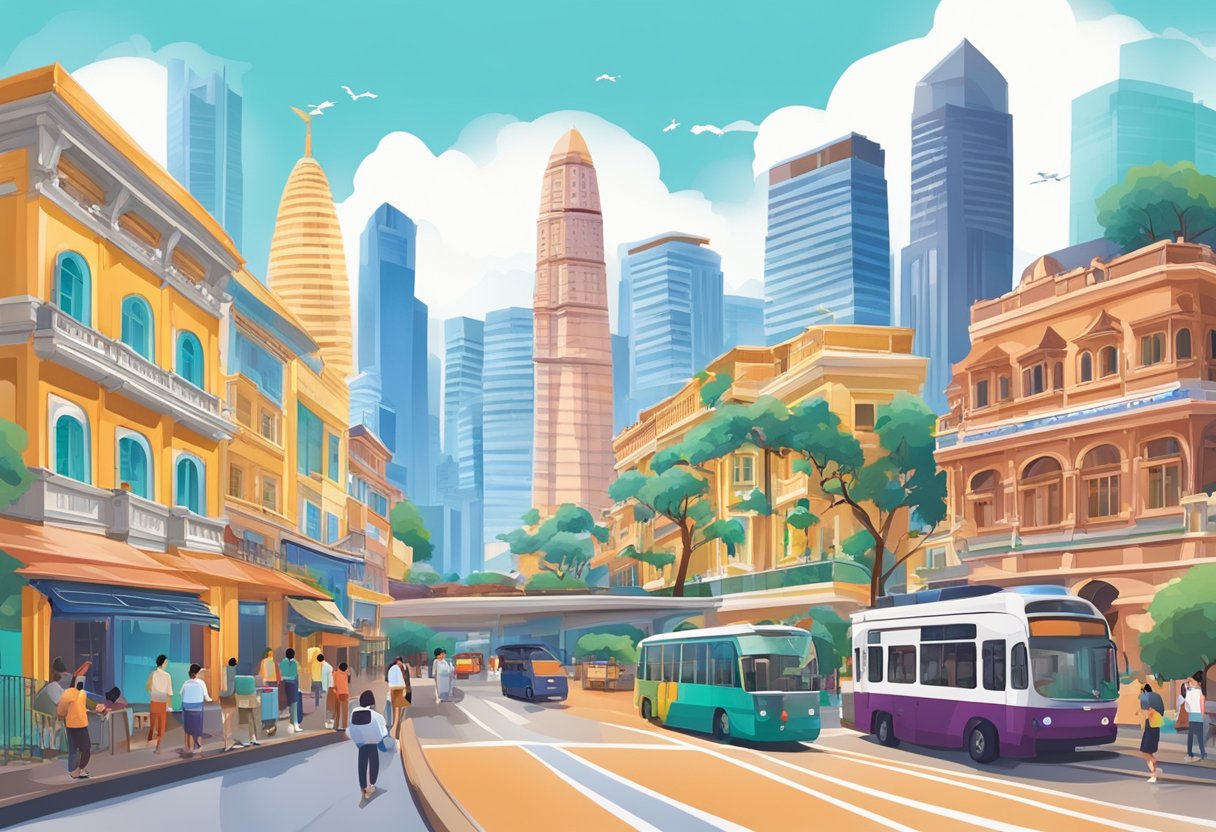 A vibrant cityscape with iconic landmarks and bustling streets, showcasing the diverse culture and vibrant energy of Singapore