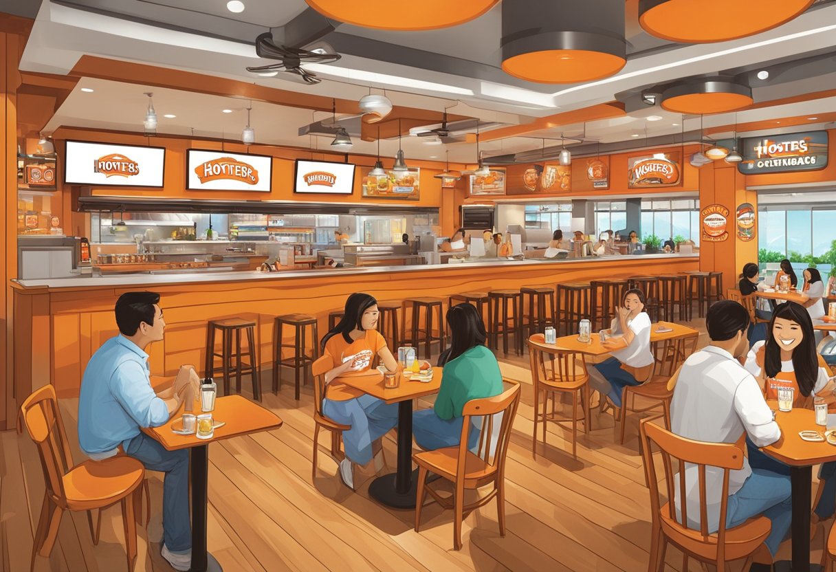 Customers enjoying food and drinks at Hooters Singapore, with the iconic orange and white logo prominently displayed. Tables and chairs fill the space, creating a lively atmosphere
