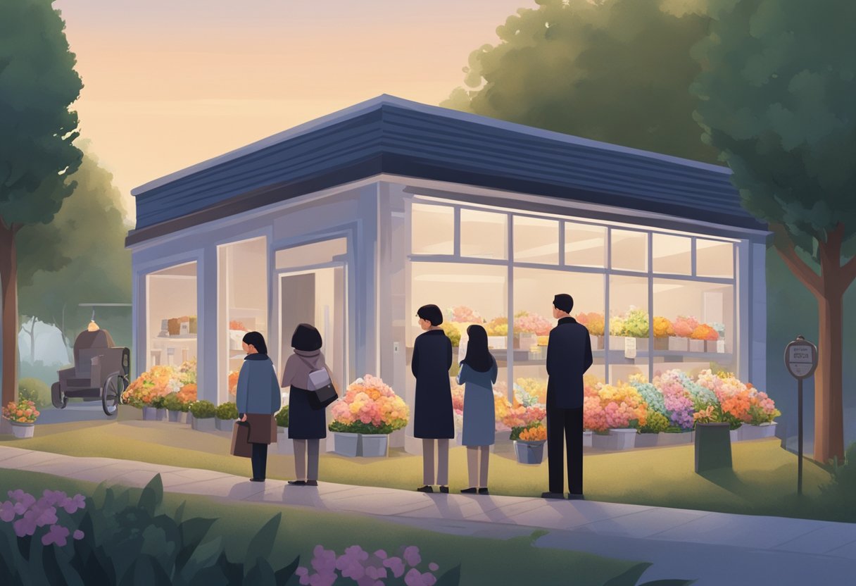 A family stands in front of a funeral parlour, looking at different packages displayed on a signboard. The parlour is surrounded by serene landscaping