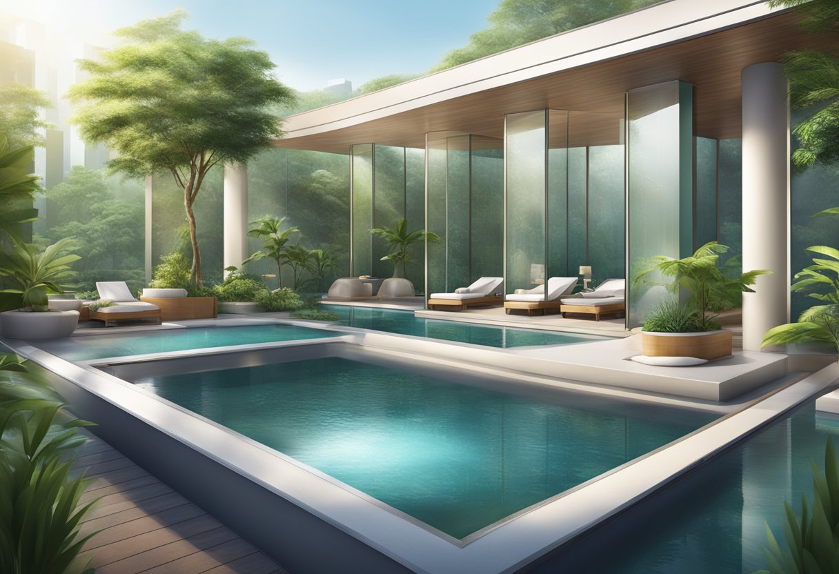 A modern spa with sleek design, lush greenery, and tranquil water features, set against the backdrop of a bustling cityscape