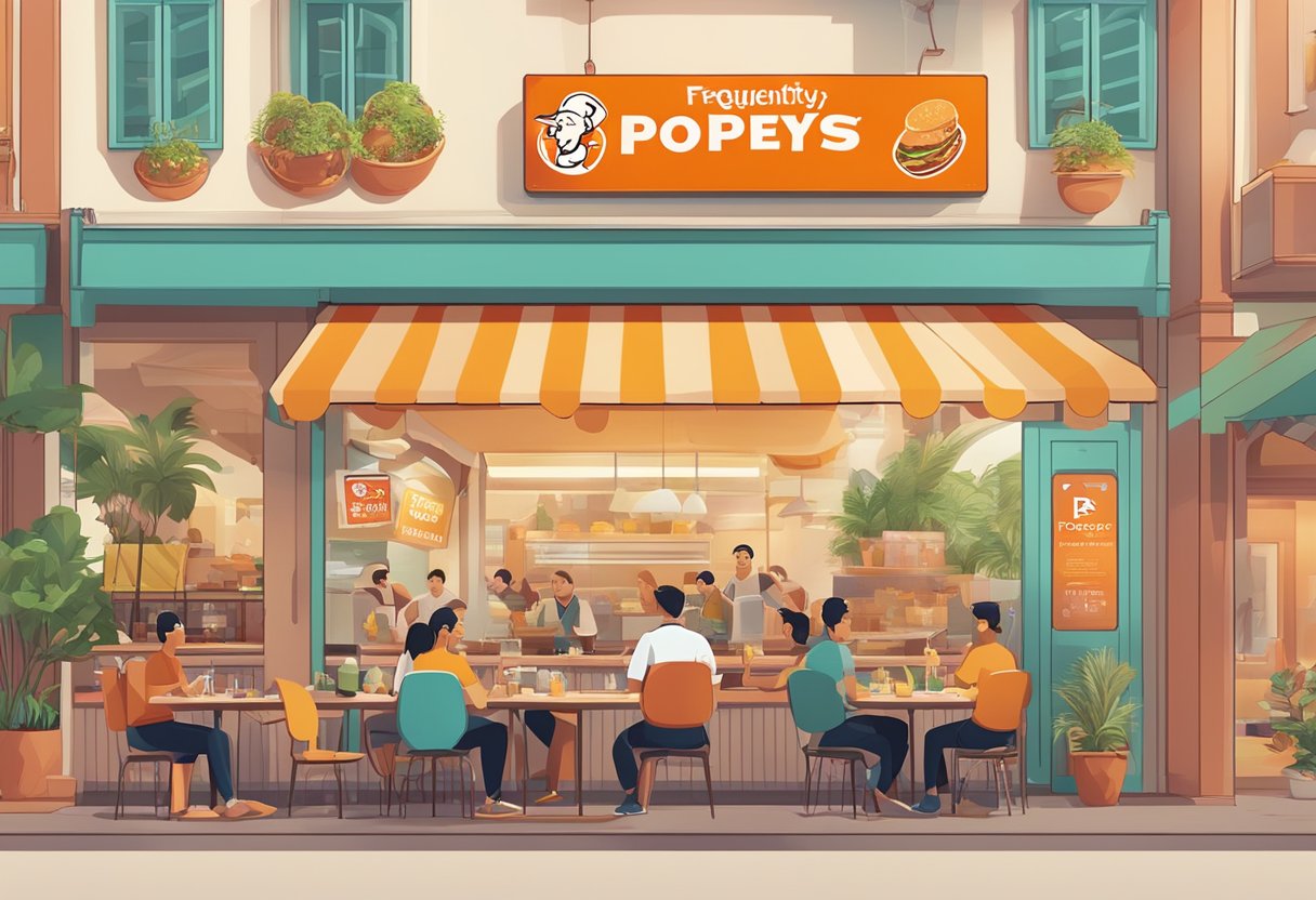 A colorful signboard with "Frequently Asked Questions" and the Popeyes Singapore logo, surrounded by happy customers enjoying their meals