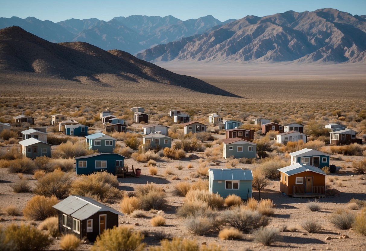 Tiny houses dot the Nevada desert landscape, nestled among the rugged terrain and under the vast blue sky, showcasing their unique charm and legality in the state