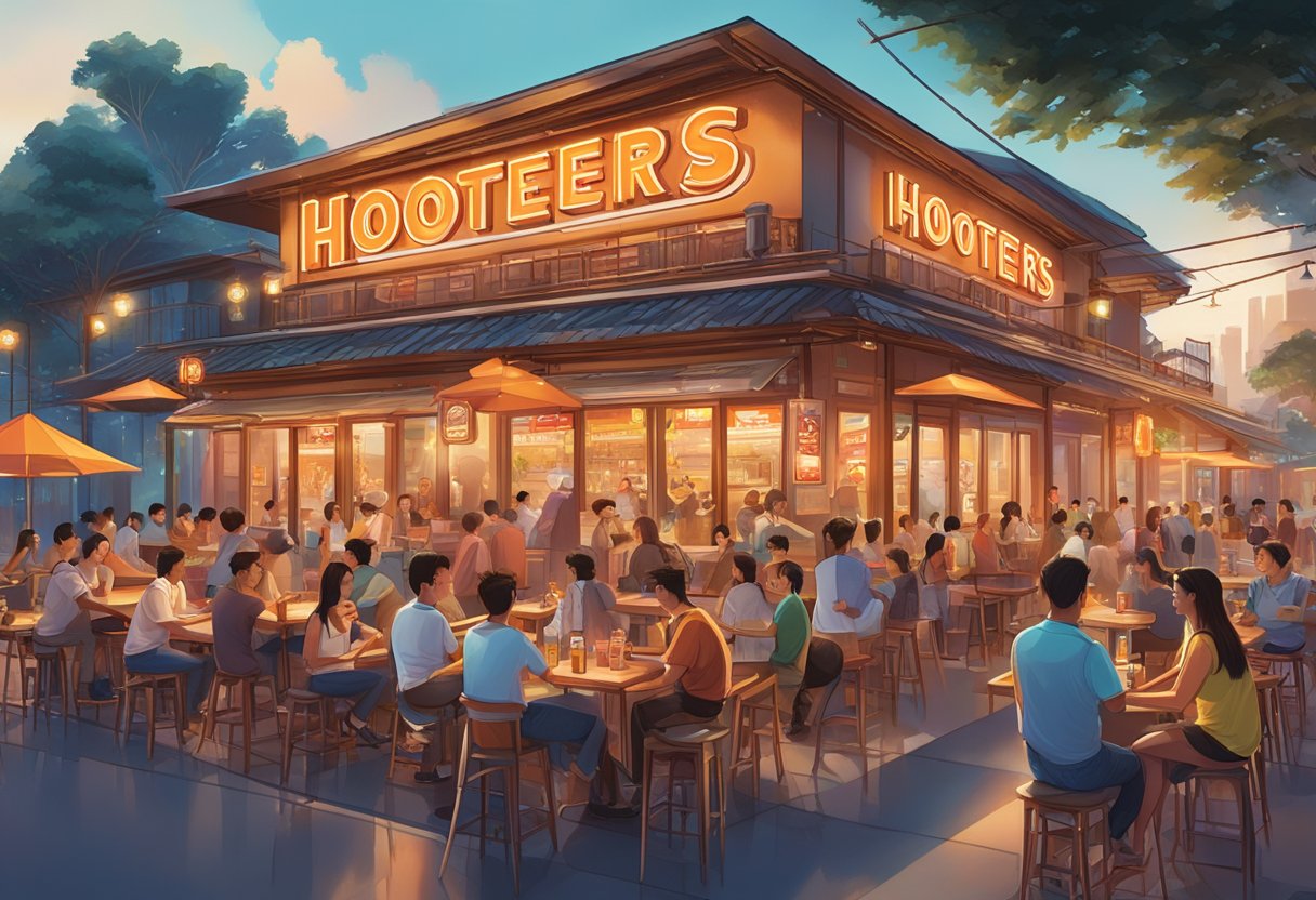 A bustling Hooters Singapore with neon signs, outdoor seating, and lively patrons enjoying food and drinks