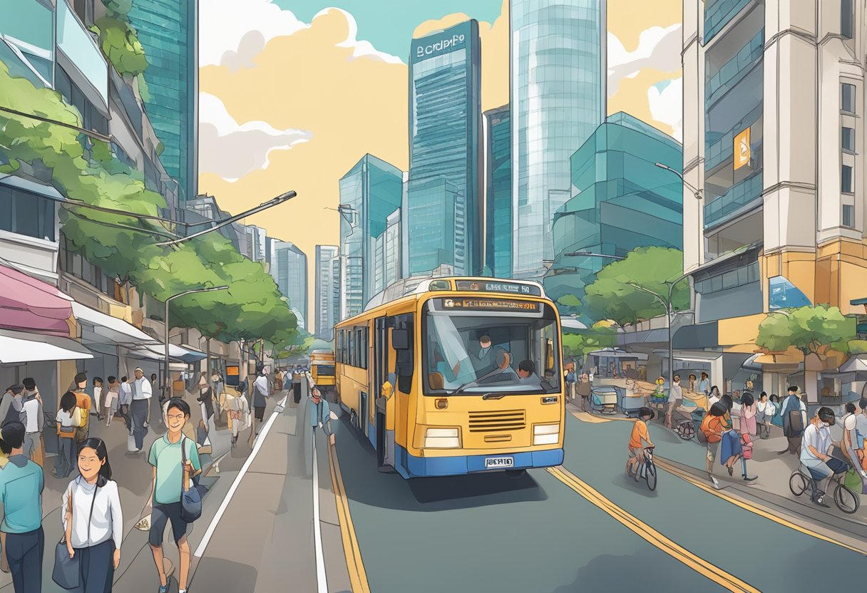A bustling street in Singapore with iconic CDC building in the background
