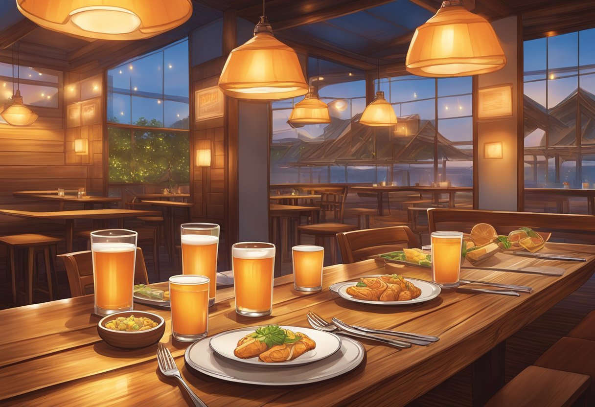 The menu lies open on a polished wooden table, surrounded by empty plates and glasses. The warm glow of ambient lighting sets the scene for a cozy dining experience at Hooters Singapore
