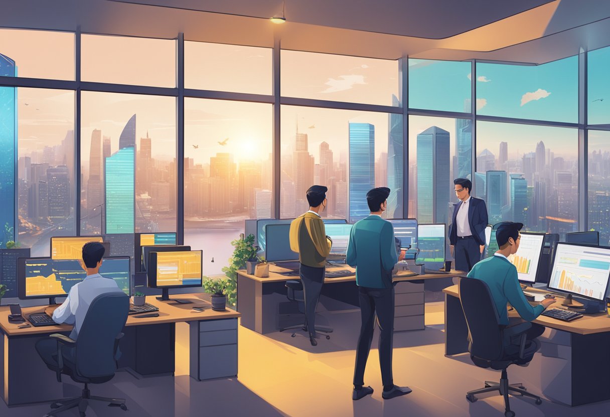 Traders and investors exchanging assets on Binance Singapore, busy screens, charts, and graphs, with a backdrop of the city skyline