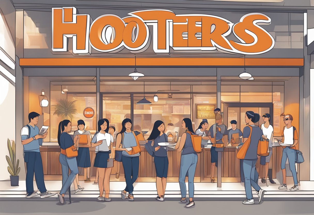 Customers line up at the Hooters Singapore entrance, holding menus and chatting. The iconic owl logo is prominently displayed above the entrance