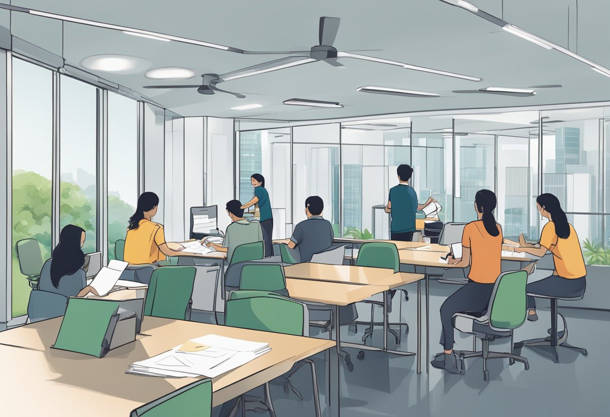 A group of people exchanging vouchers at a CDC office in Singapore. Tables and chairs are set up for the process