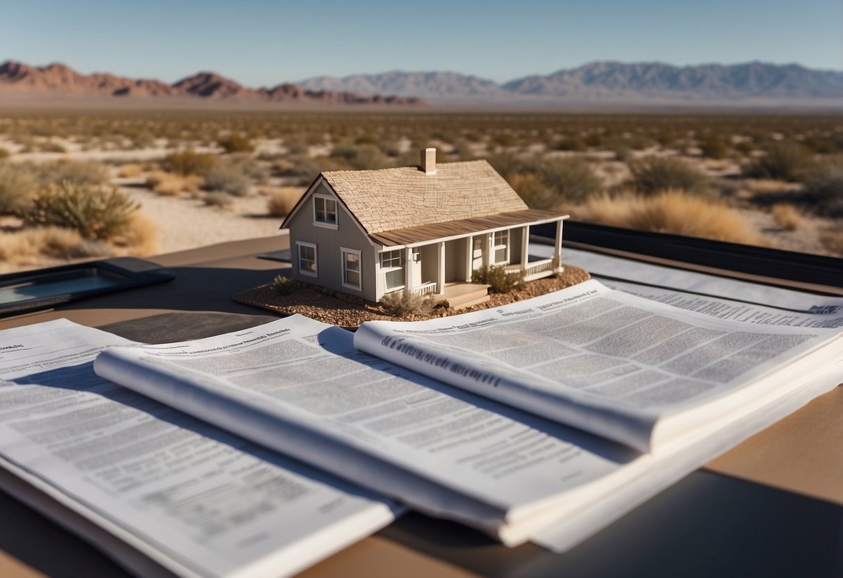 Small houses surrounded by Nevada desert, with zoning regulations and legal documents in the foreground