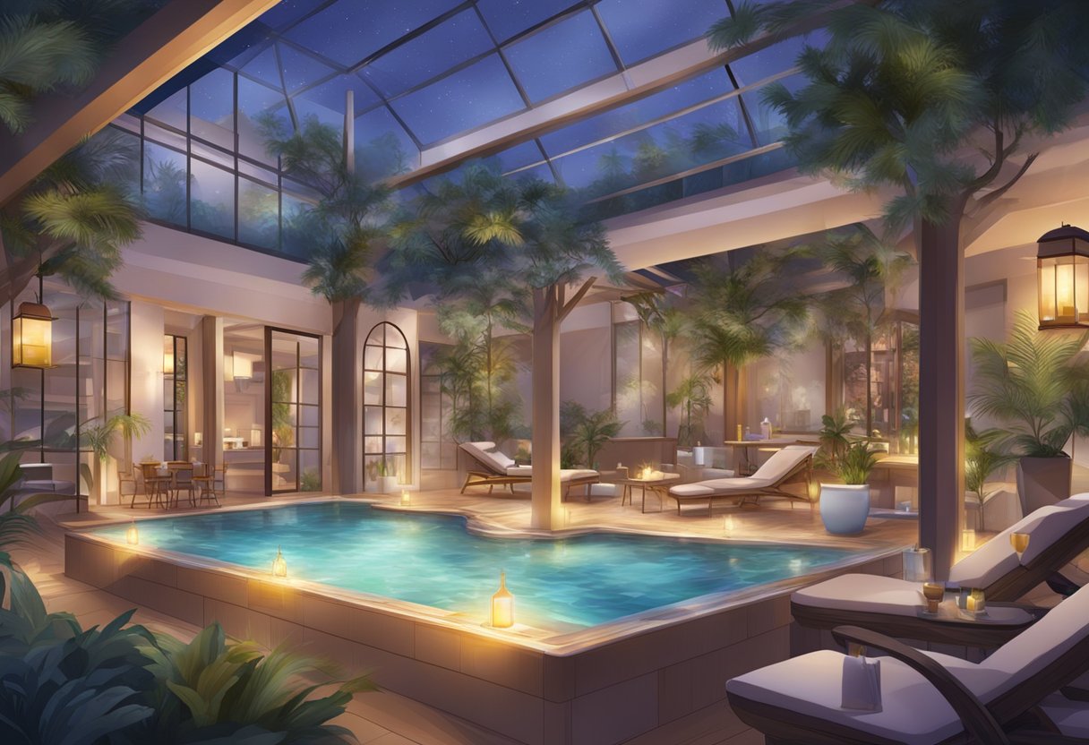 A bustling spa with 24-hour service, featuring various amenities and services, catering to a diverse clientele seeking relaxation and rejuvenation