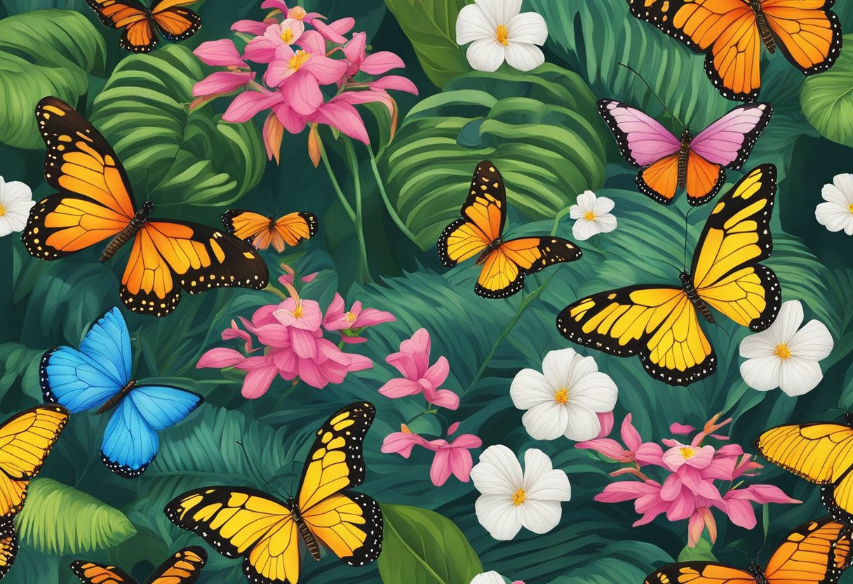 Vibrant butterflies flutter among lush tropical flowers in the serene butterfly garden of Singapore