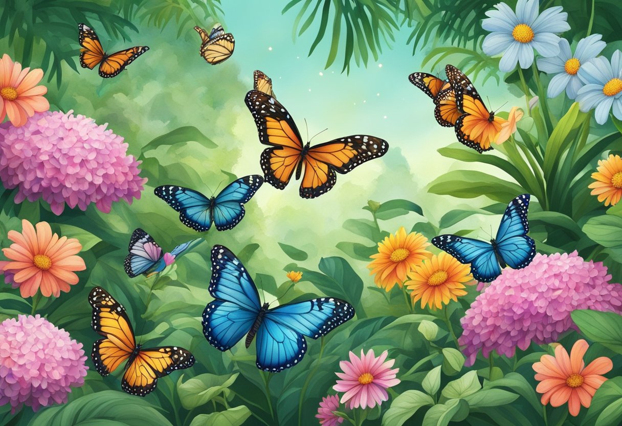 Butterflies flutter among vibrant flowers and lush greenery in the peaceful Butterfly Garden of Singapore