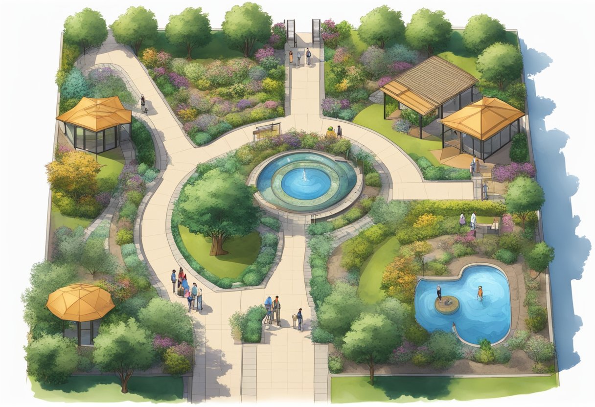 Lush butterfly garden with accessible pathways and seating. Amenities include water fountains and informational signs