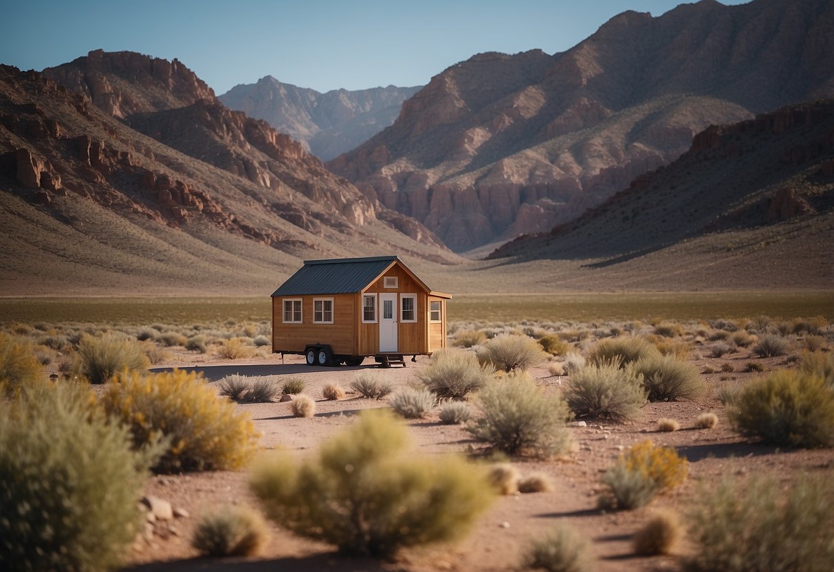 A tiny house nestled in the Nevada desert, surrounded by rugged mountains and vast open space