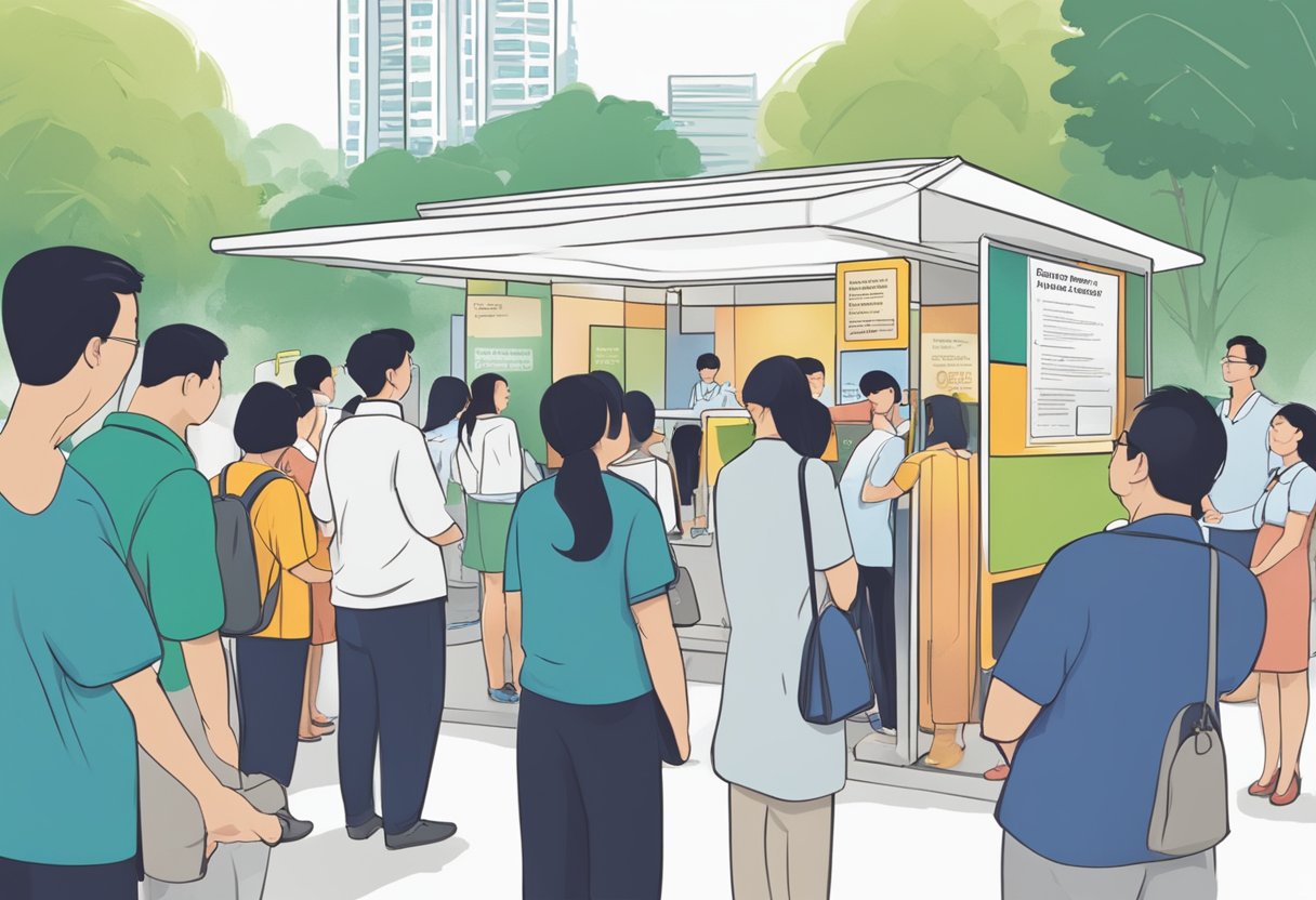 People lining up at a CDC Singapore information booth, reading FAQ signs and talking to staff