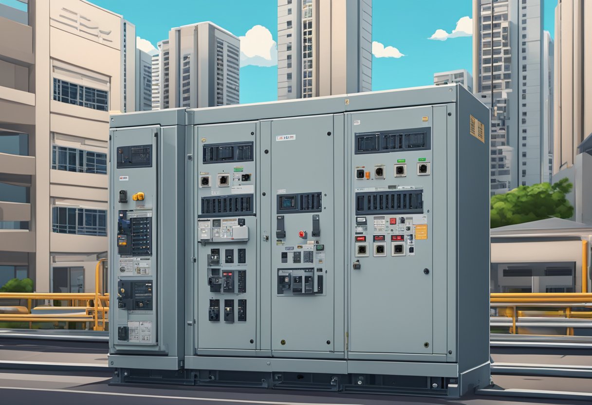 A circuit breaker box in Singapore, surrounded by industrial machinery and electrical cables, with a backdrop of modern buildings and cityscape