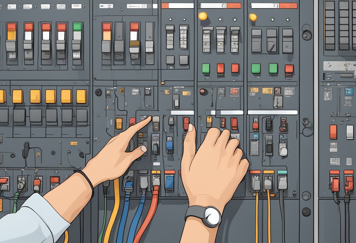 A hand reaches for a circuit breaker panel, with various switches and indicators, against a backdrop of electrical wires and equipment