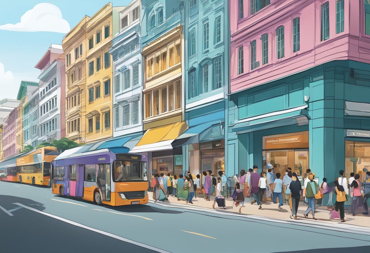 A bustling street in Singapore, with colorful buildings and bustling activity. The iconic Bose store stands out with its sleek and modern design