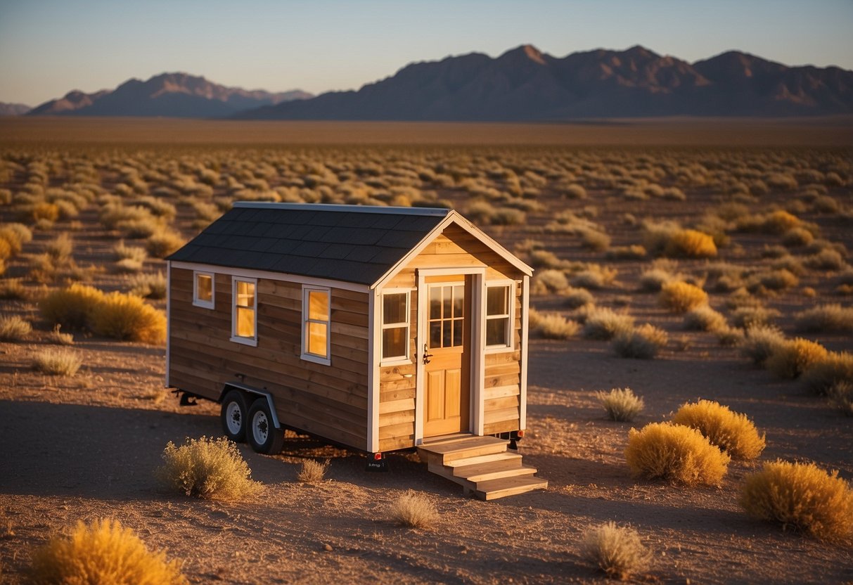 A tiny house sits in the Nevada desert, surrounded by open land and mountains in the distance. The sun is setting, casting a warm glow on the tiny house