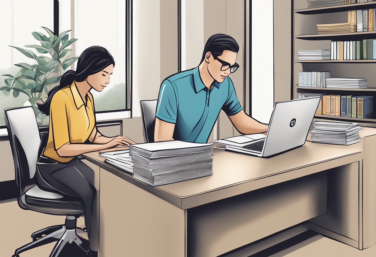 A table with a stack of brochures, a laptop with the Givenchy logo on the screen, and a customer service representative assisting a client
