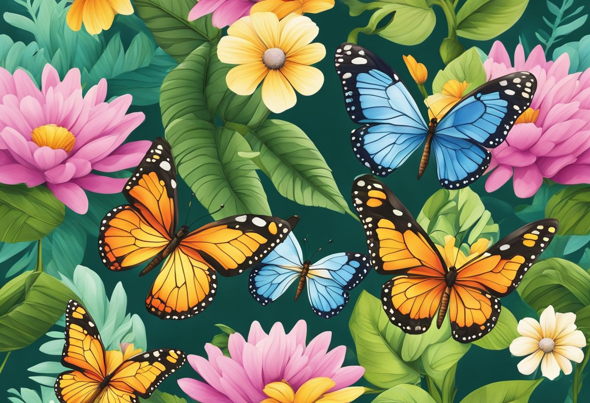 Colorful butterflies fluttering among vibrant flowers and lush greenery in a serene garden setting in Singapore