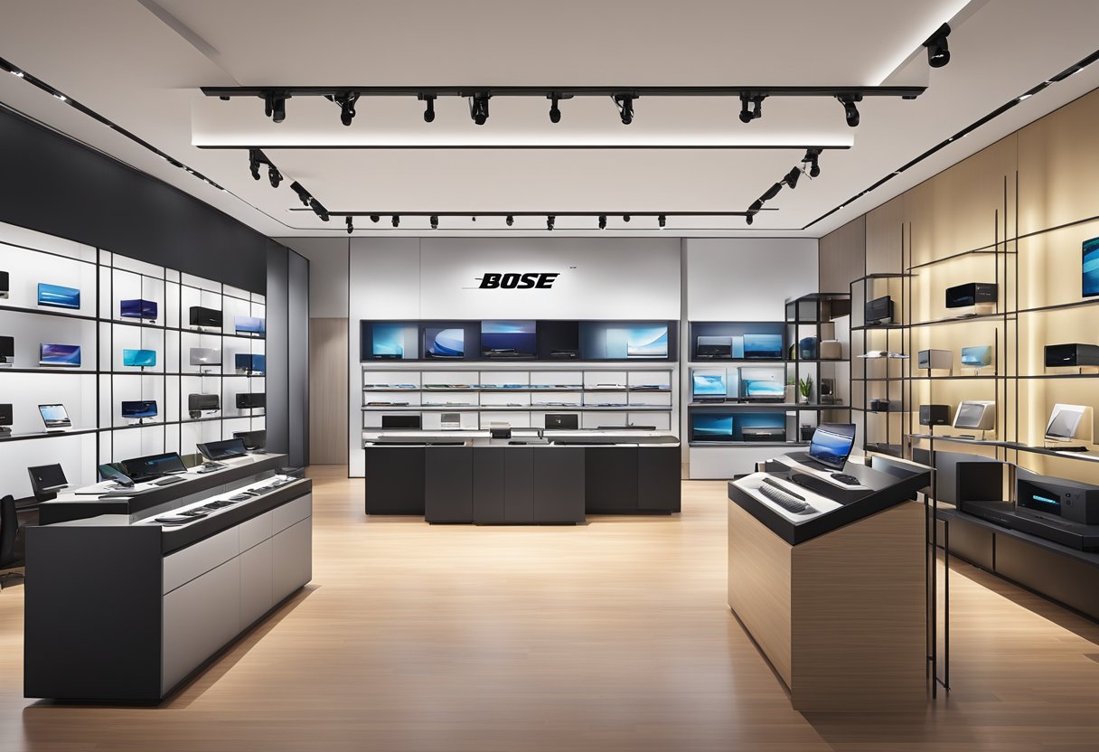 A bright, modern Bose store in Singapore, showcasing a range of high-quality audio products and sleek, innovative designs