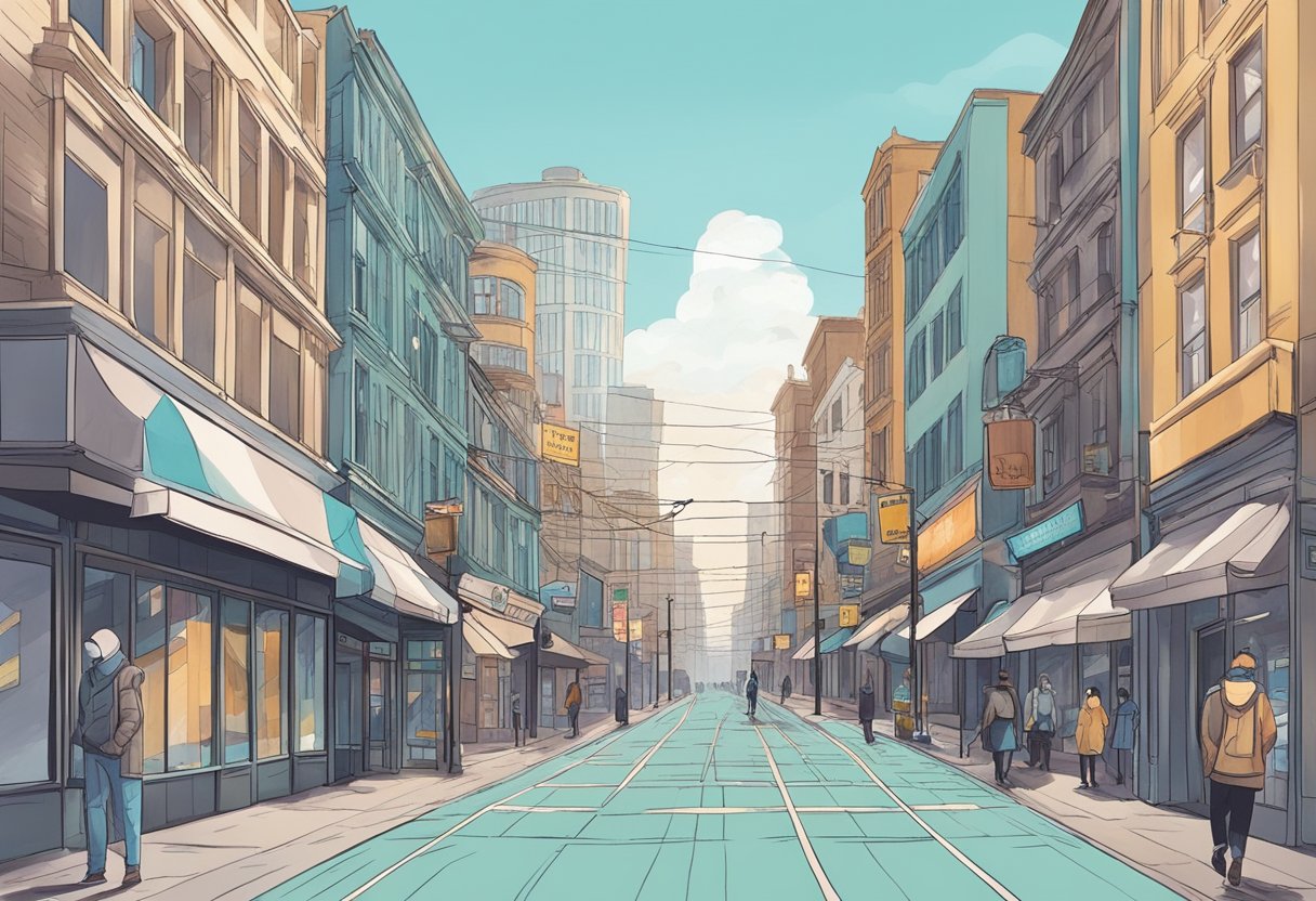 Empty streets, closed shops, and people wearing masks. A deserted cityscape with signs of a new normal