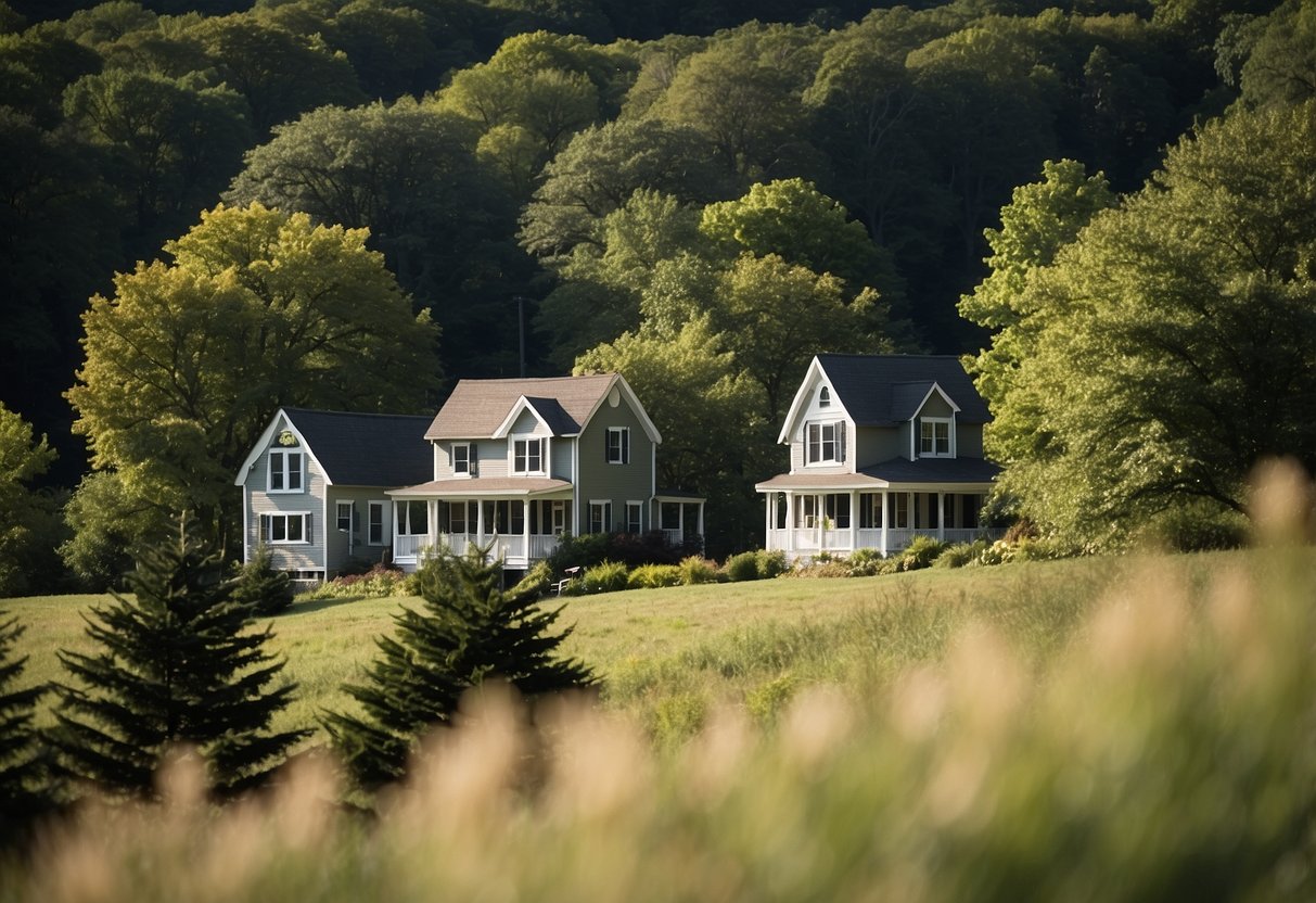 Tiny houses dot a lush New Jersey landscape, nestled among towering trees and rolling hills, with a clear blue sky above