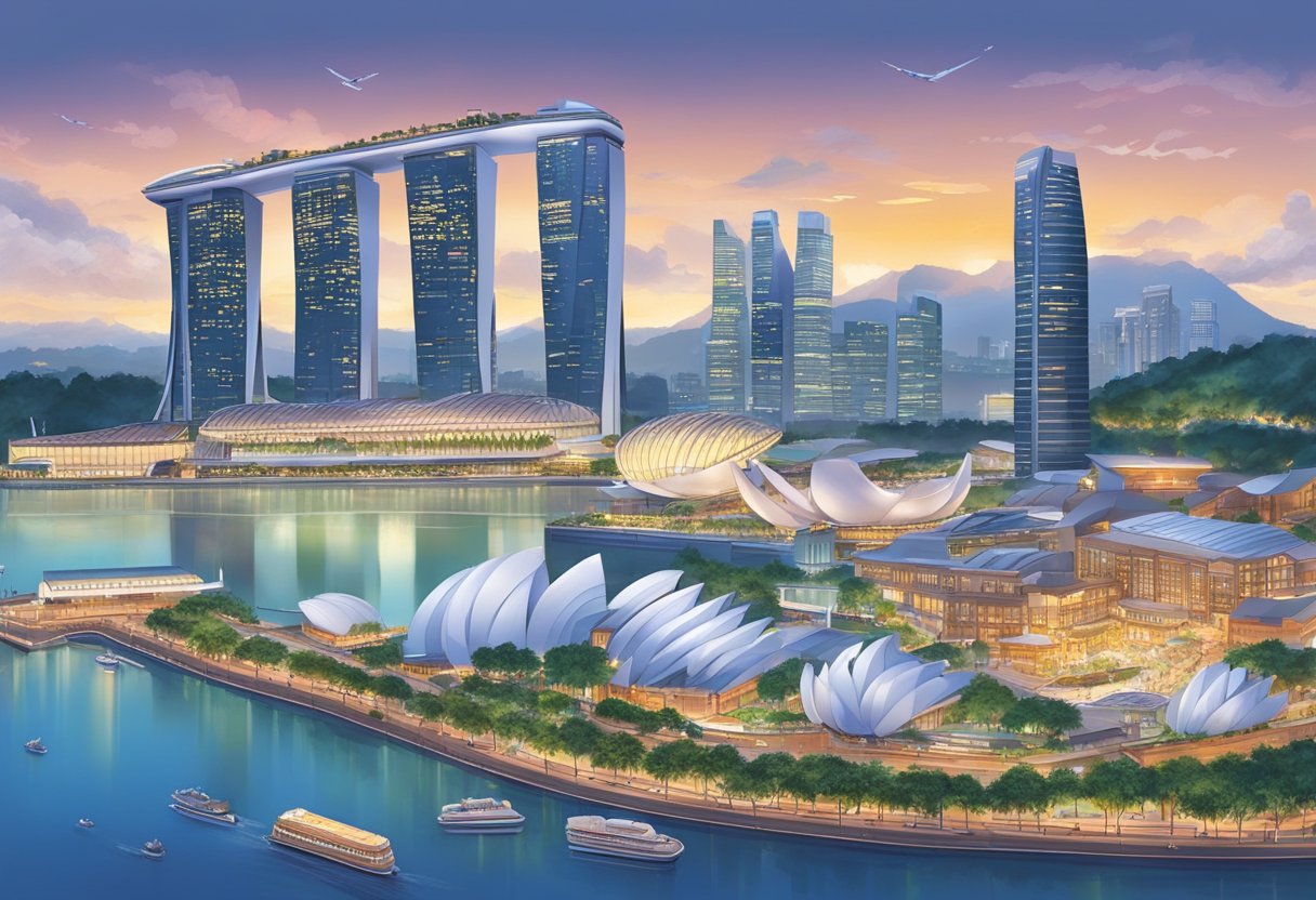 The bustling city of Singapore, with its towering skyscrapers, vibrant street markets, and bustling harbor, captures the essence of modern urban life