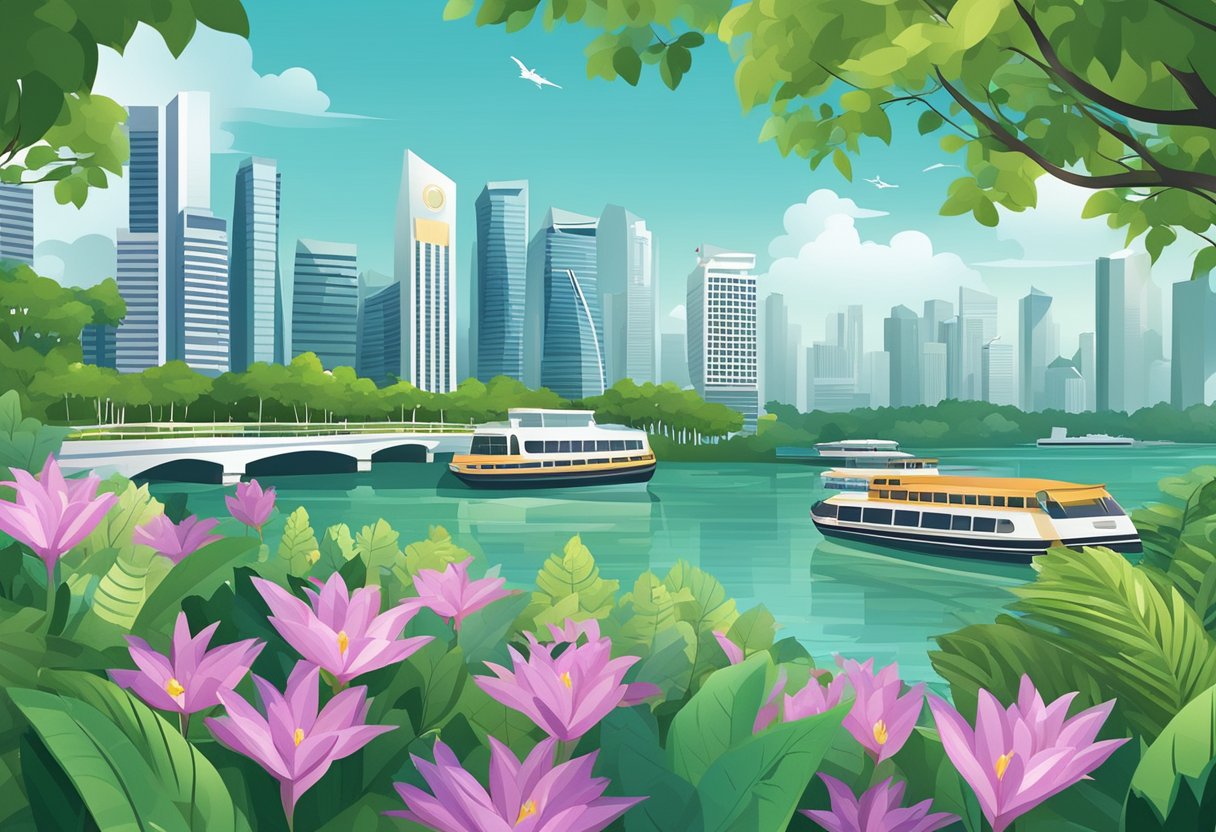 The bustling cityscape of Singapore with iconic landmarks and modern skyscrapers against a backdrop of lush greenery and a bustling harbor