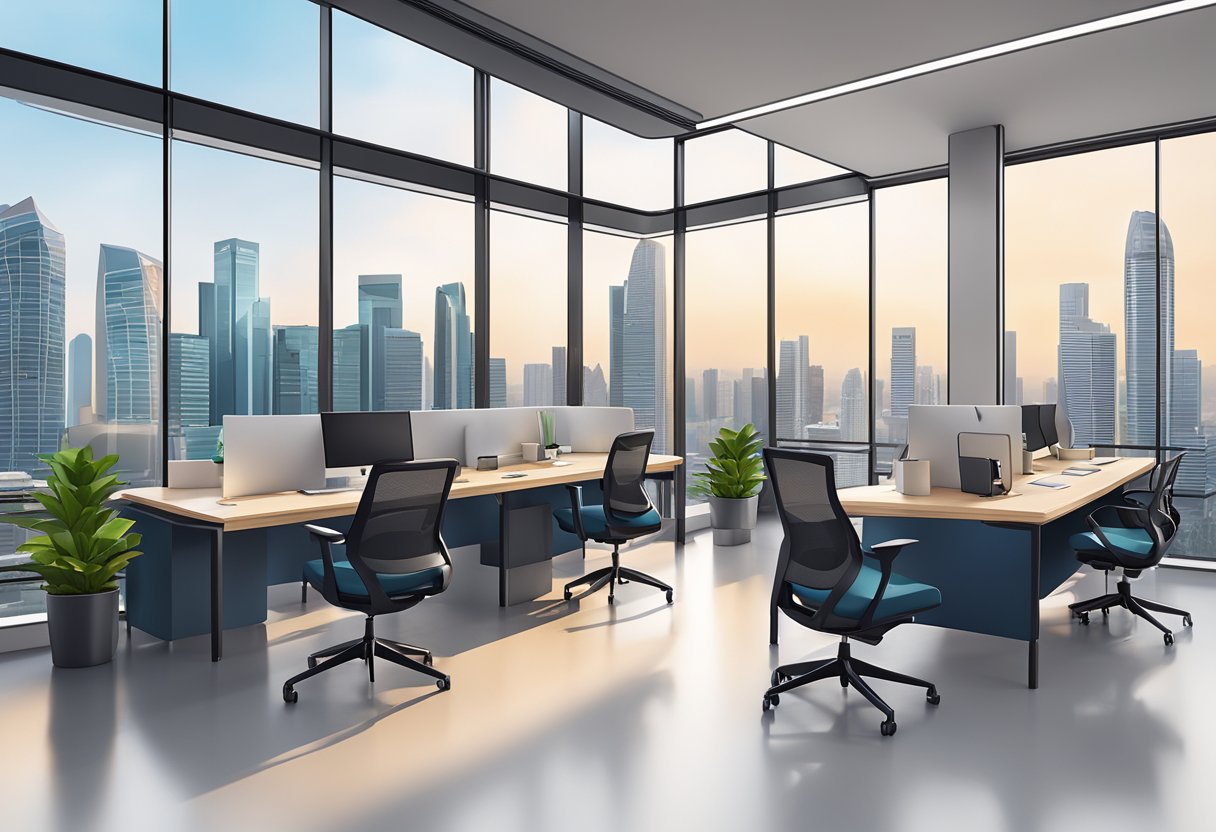 A modern co-working space in Singapore with sleek desks, comfortable chairs, and large windows overlooking the city skyline