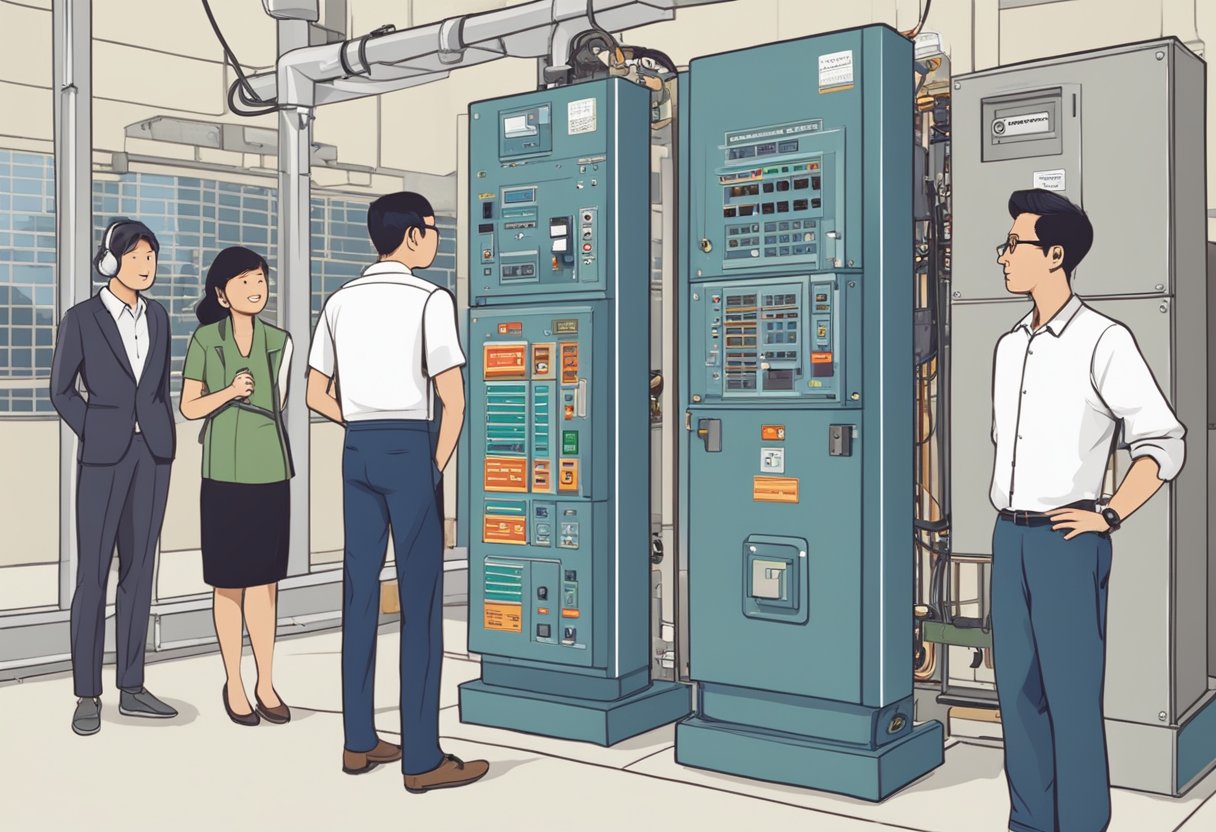 A group of people standing around a large circuit breaker in Singapore, with a sign reading "Frequently Asked Questions" prominently displayed
