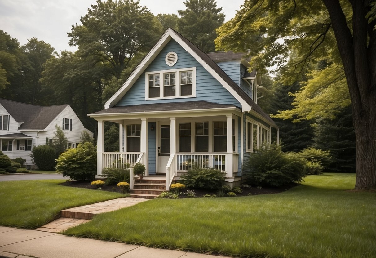 A small, charming house nestled in a picturesque New Jersey neighborhood, surrounded by well-kept lawns and mature trees. An official zoning sign is prominently displayed, indicating the legality of tiny houses in the area