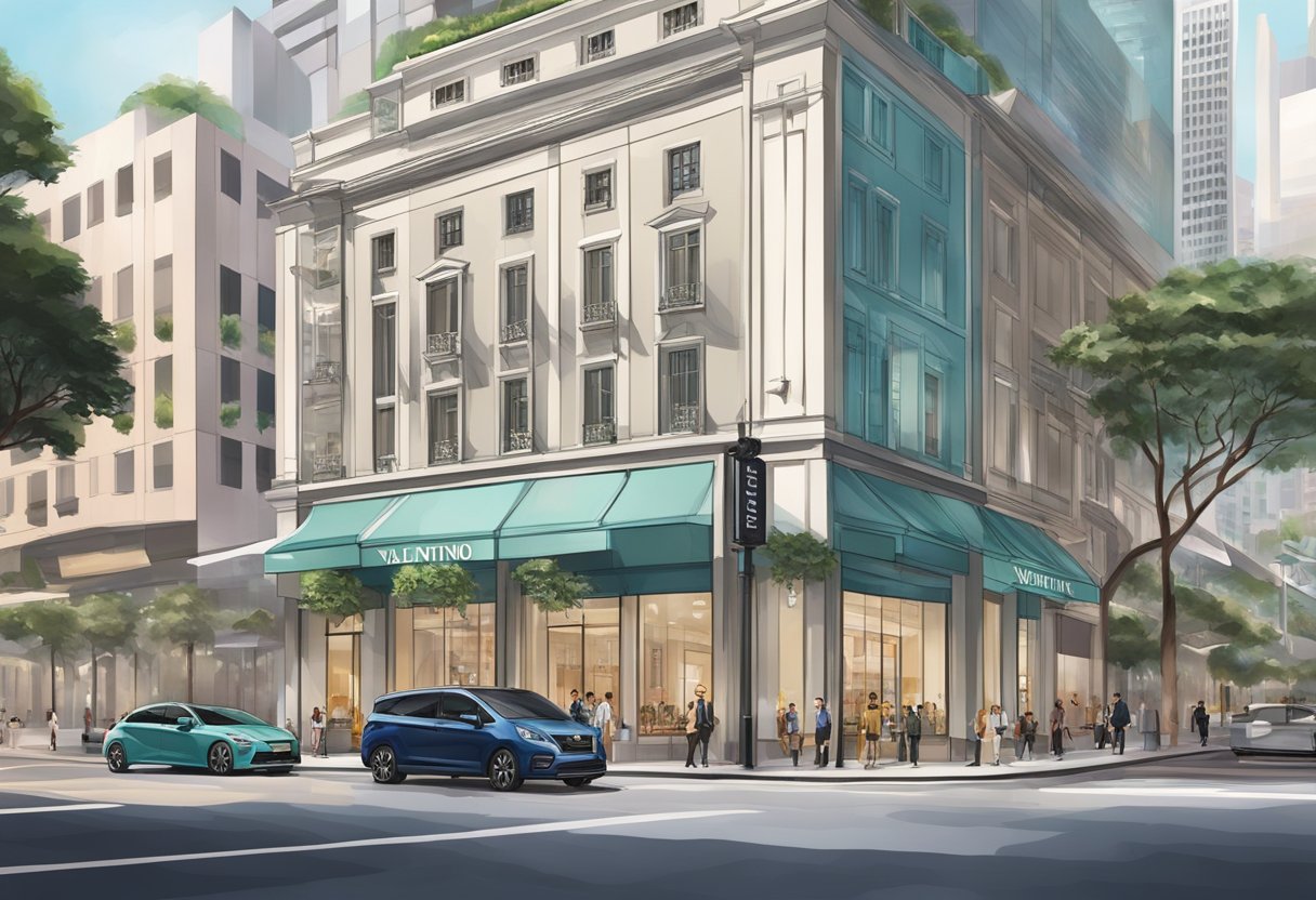 The iconic Valentino Singapore store, with its sleek and modern facade, surrounded by bustling city streets and vibrant urban energy