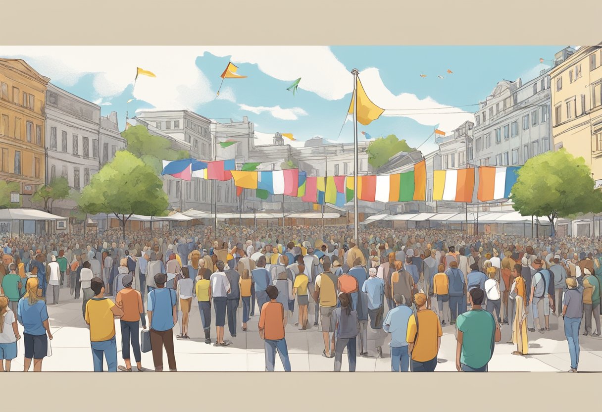 A crowd gathers at a public square, with banners and flags flying high. A stage is set for speakers, and booths line the perimeter for various societal initiatives and national events