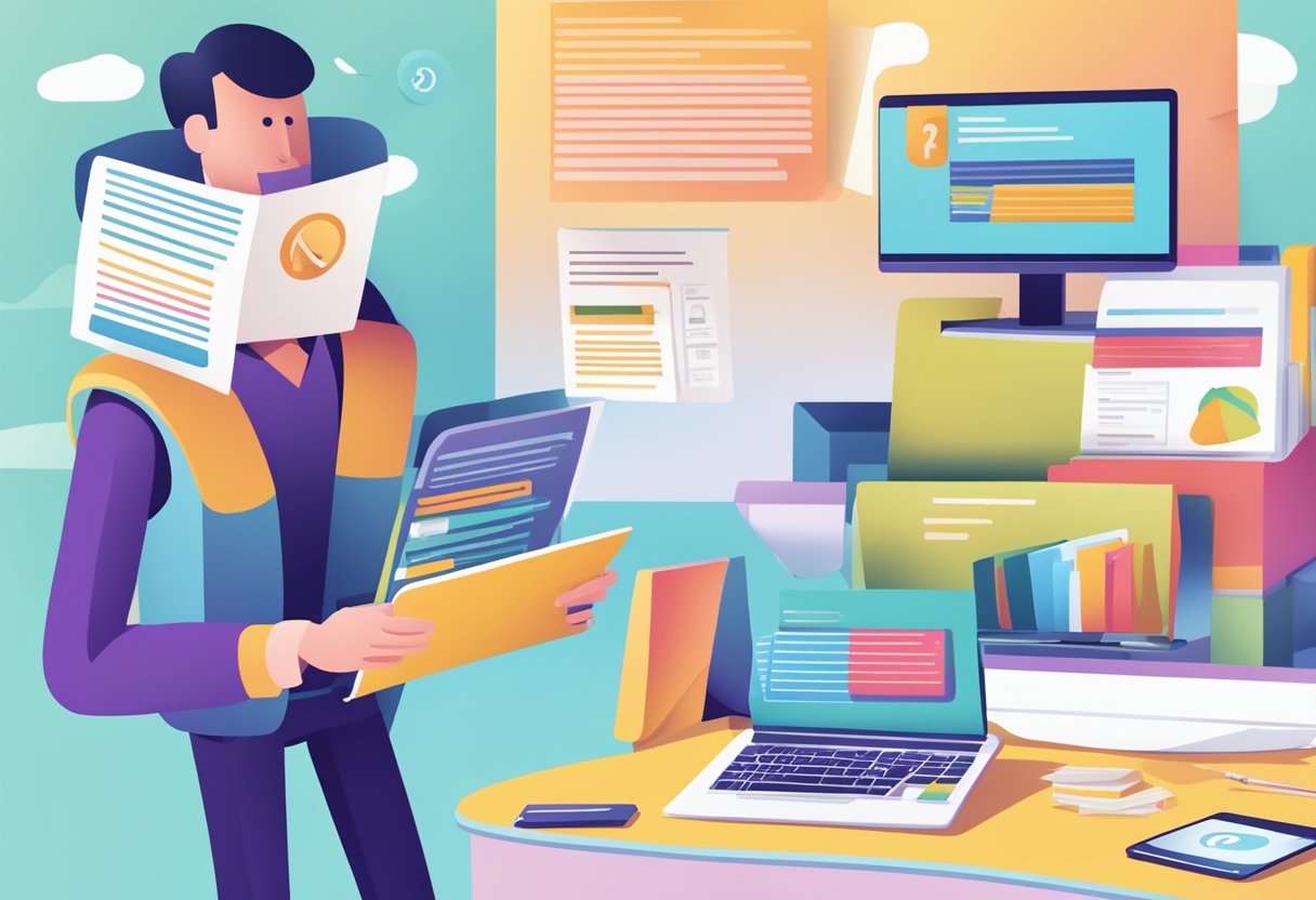 A stack of colorful FAQ brochures, a computer with a FAQ webpage open, and a person asking questions at a help desk