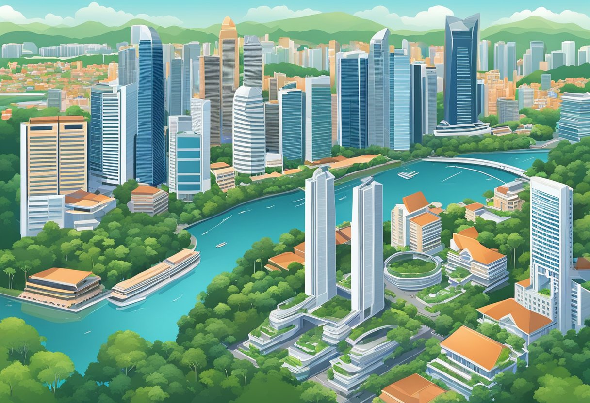 A bustling cityscape of Singapore with iconic landmarks and modern skyscrapers against a backdrop of blue skies and lush greenery