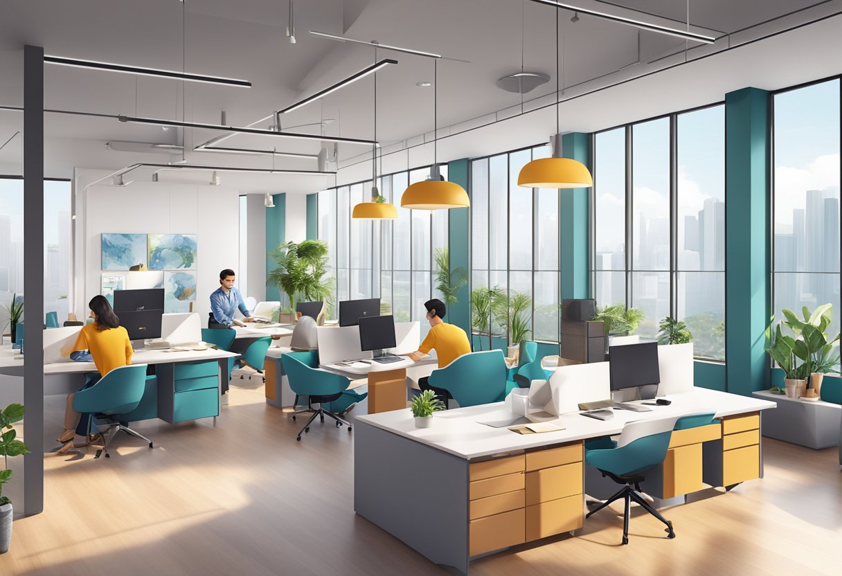 A modern, spacious co-working space in Singapore with sleek furniture, large windows, and a vibrant, lively atmosphere