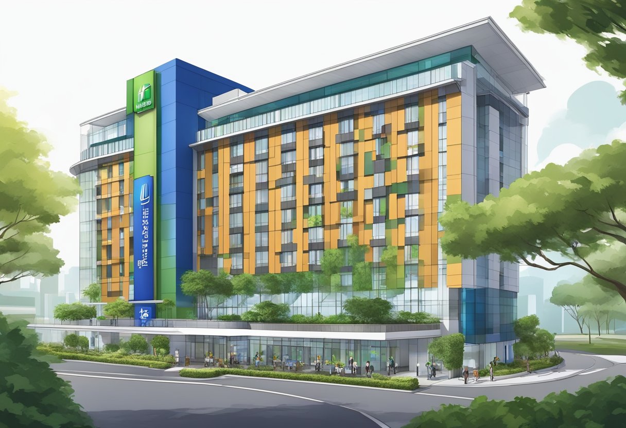The Holiday Inn Express Singapore features a modern facade with sleek lines and a vibrant color palette. The hotel is surrounded by lush greenery, and the entrance is adorned with a welcoming sign and a canopy