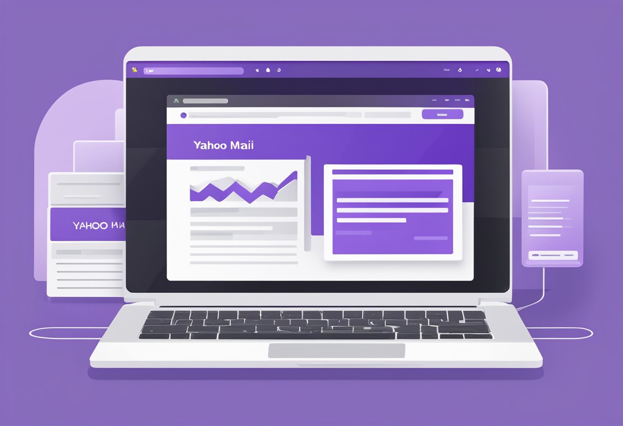 A laptop displaying the Yahoo Mail Singapore homepage with the iconic purple and white color scheme, featuring the inbox, search bar, and menu options