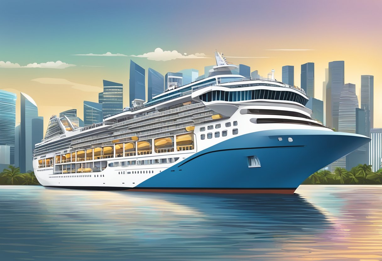 A cruise ship sails through the sparkling waters of Singapore, passing by iconic landmarks and modern skyscrapers