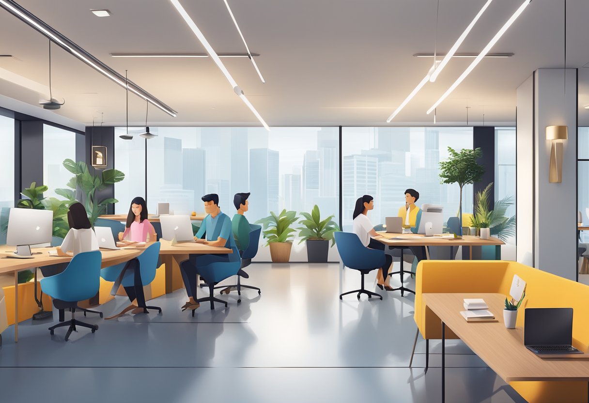 A modern co-working space in Singapore with sleek furniture, high-speed internet, meeting rooms, and a vibrant atmosphere