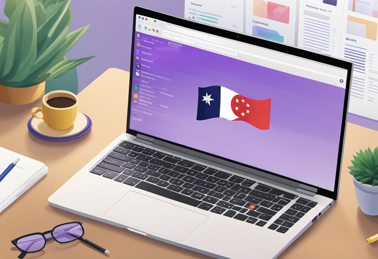 A laptop open on a desk with the Yahoo Mail homepage displayed, a Singapore flag in the background