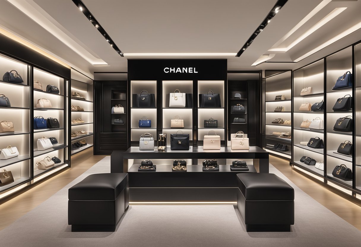 A luxurious Chanel bag sits on a sleek display shelf in a high-end boutique in Singapore. The iconic interlocking C logo glistens in the soft lighting, drawing the attention of fashion-forward shoppers