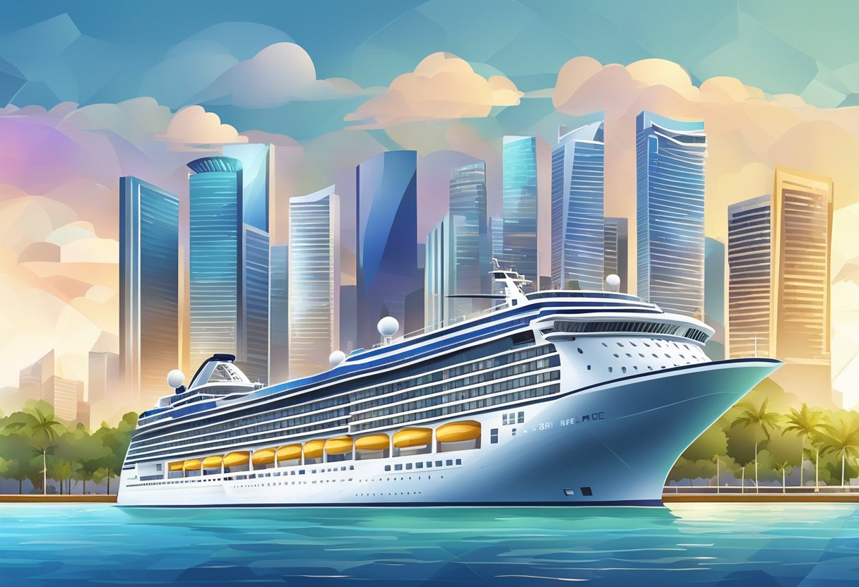 A cruise ship departs from Singapore harbor, surrounded by sparkling waters and a backdrop of modern city skyline