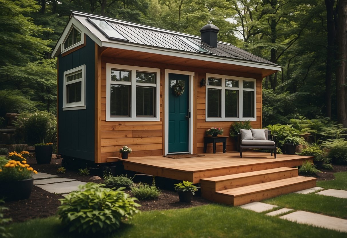 A tiny house nestled in a New Jersey neighborhood, surrounded by greenery and modern utilities, with a focus on sustainable living