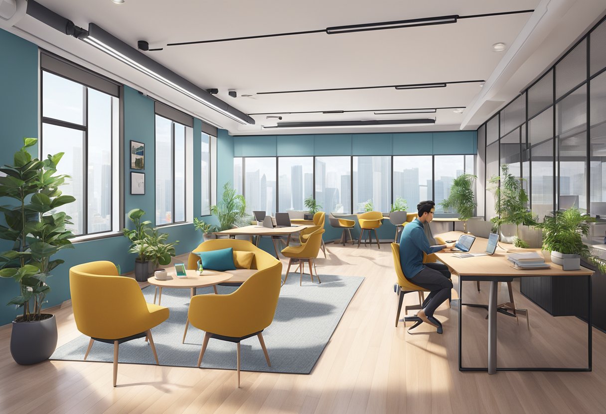 A modern, open-plan co-working space in Singapore with sleek furniture, large windows, and a vibrant atmosphere