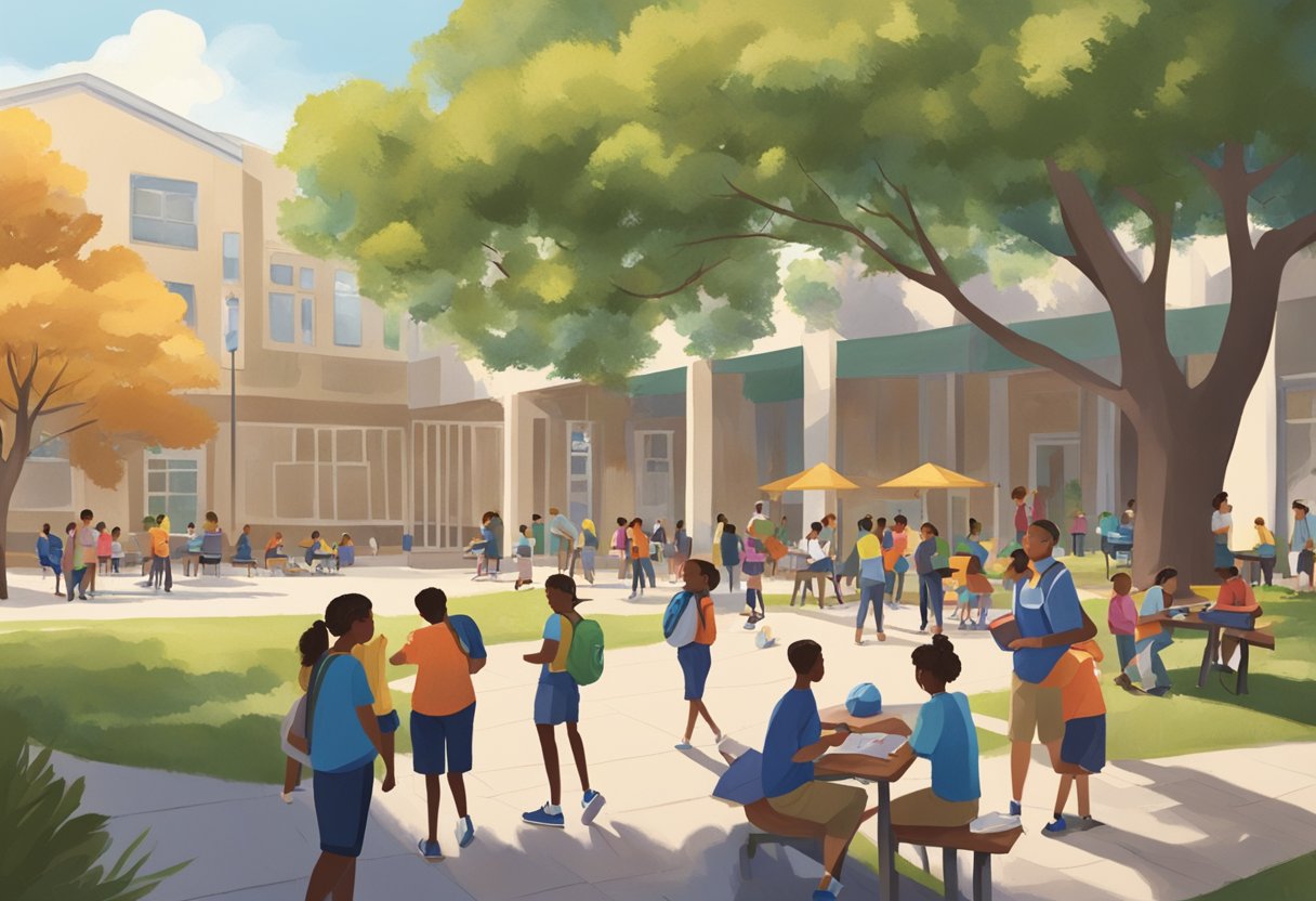 A bustling school courtyard with students chatting, playing sports, and studying under the shade of trees. Nearby, a community center hosts workshops and events