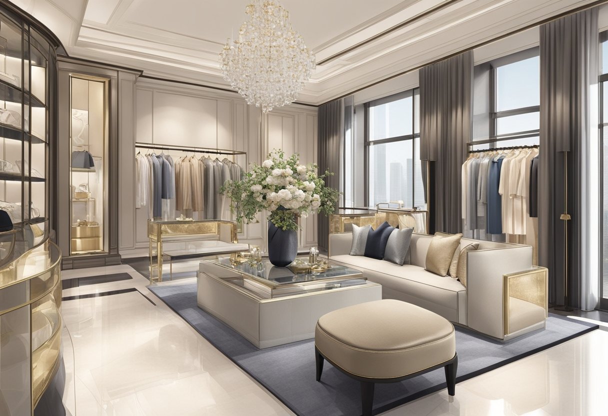 A luxurious display of Valentino Collections in a sophisticated Singapore setting. Rich fabrics and elegant designs are showcased in a modern, sleek environment